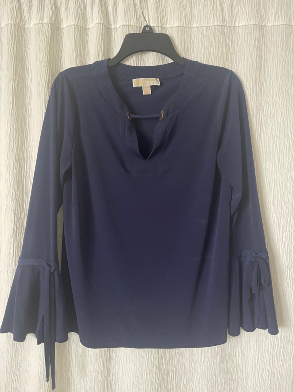 Michael Kors Navy Long-Sleeve Keyhole Blouse with Tie Cuffs